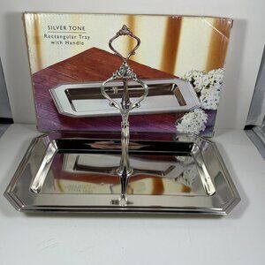 Silver Tone Rectangular Tray With Handle For Serving Or Display